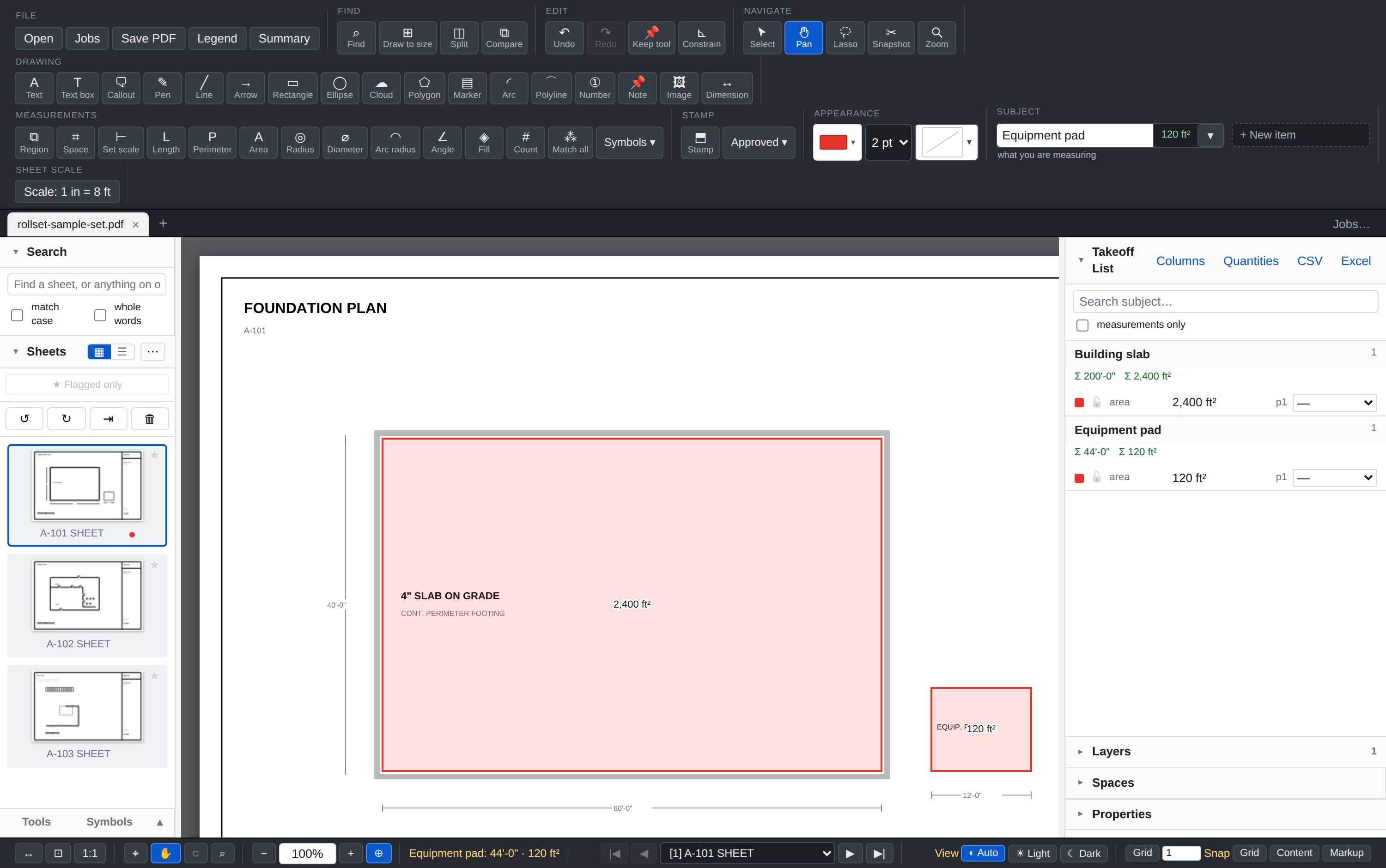 Rollset with a foundation plan open: a 60 by 40 foot slab traced as an area reading 2,400 square feet, an equipment pad reading 120 square feet, and both listed with totals in the takeoff panel on the right, above CSV and Excel export buttons.