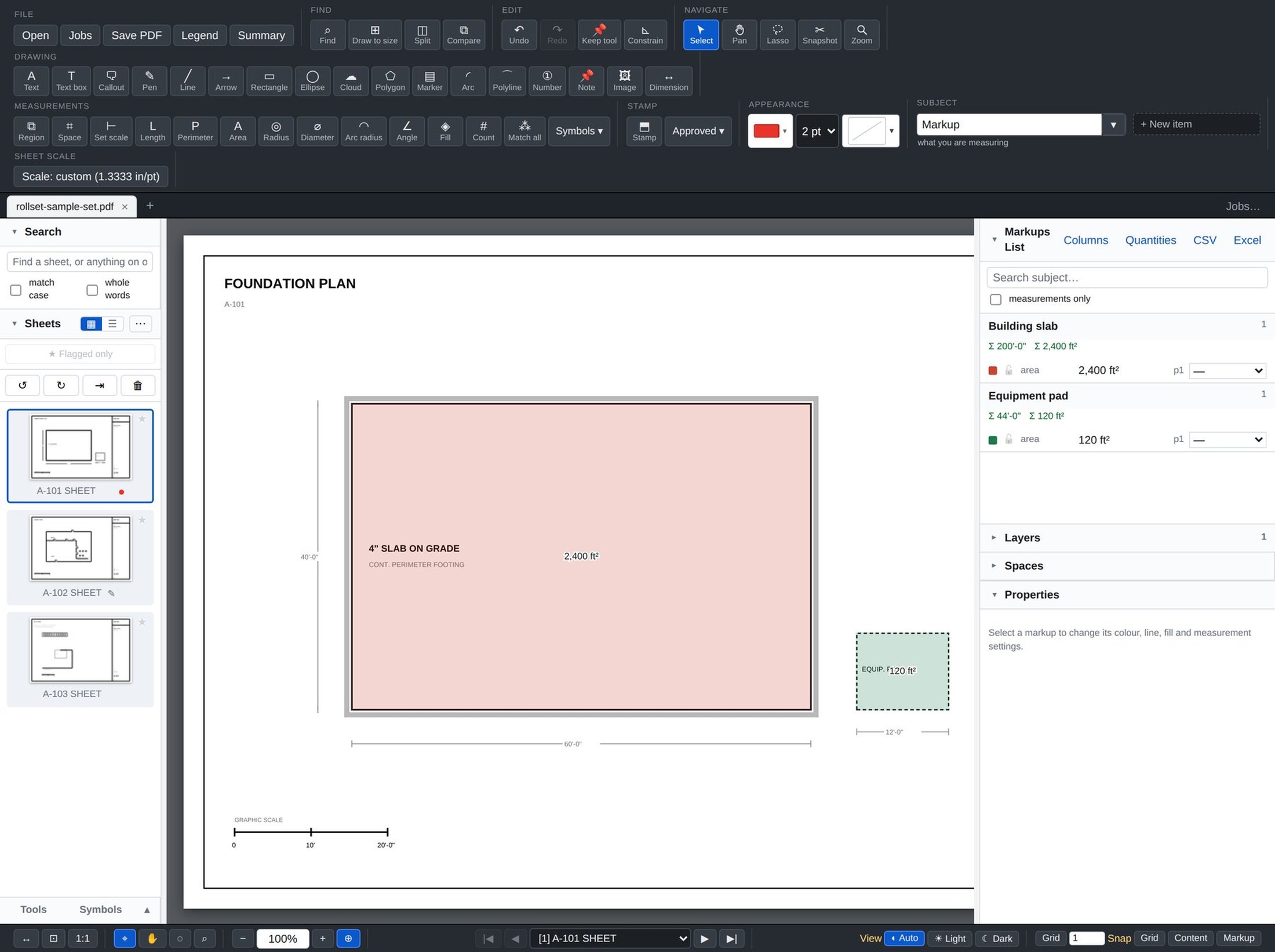 Rollset with a foundation plan open: a 60 by 40 foot slab traced as an area reading 2,400 square feet, an equipment pad reading 120 square feet, and both listed with totals in the takeoff panel on the right, above CSV and Excel export buttons.