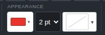 The Appearance group in the toolbar: a red color swatch, a two point line weight menu, and a fill pattern menu.