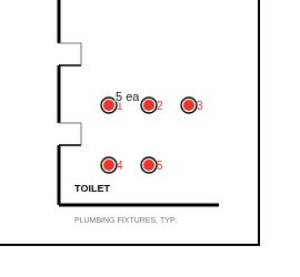 Five plumbing fixtures on the sample floor plan, each with a red numbered count mark, and a tally reading five each.