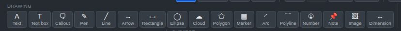 The Drawing group in the toolbar with text, callout, pen, line, arrow, rectangle, ellipse, cloud, polygon, marker, arc, polyline, number, note, image and dimension buttons.