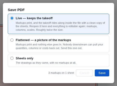 The Save PDF dialog offering live, flattened and sheets-only exports with an explanation of each.