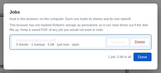 The Jobs dialog listing one saved job with its sheet count, markup count and size, and Delete and Done buttons.