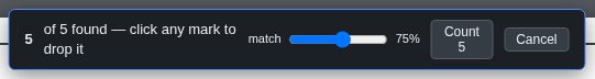 The review banner reading five of five found, click any mark to drop it, with a match sensitivity slider at seventy five percent and a Count button.
