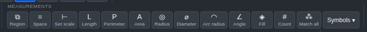 The Measurements group in the toolbar with region, space, set scale, length, perimeter, area, radius, diameter, arc radius, angle, fill, count, match all and symbols buttons.