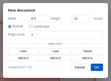 The New document dialog with width, height, orientation, page count and a row of paper size presets.