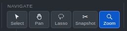 The Navigate group in the toolbar with Select, Pan, Lasso, Snapshot and Zoom buttons.