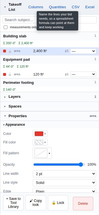 The Properties panel showing the settings for a selected area measurement.
