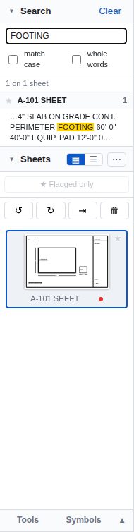 The Search panel with a query typed in and matching results listed by sheet.