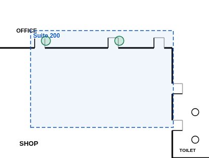 A named space drawn round a room on the sample floor plan, shaded blue and labeled Suite 200.