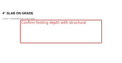 A red-bordered text box on the sample sheet reading confirm footing depth with structural.